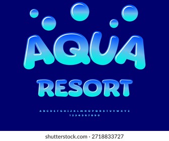 Vector Funny Promotion Aqua Resort. Blaue glänzende Schrift. Zeichentrickstil Alphabet Buchstaben und Zahlen gesetzt. 