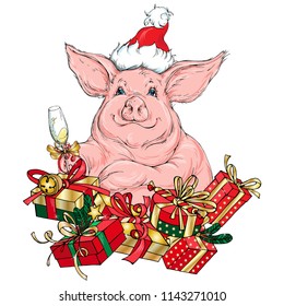 Vector funny pudgy pig with new year decor : santa's cap , glass of champagne and gift boxes. Holiday design for cards , invitations or posters.