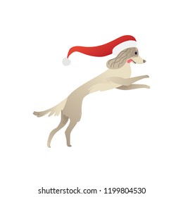 Vector funny puppy sticking out tongue having fun walking outdoors in winter in cute santa hat with pompon on head. Hand drawn pet animal at christmas, new year holidays