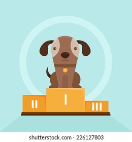 Vector funny puppy whining in a dog show - flat illustration - smiling pet on the first place of the pedestal