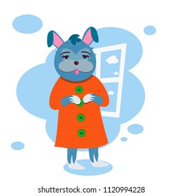 Vector funny rabbit girl in dress below window