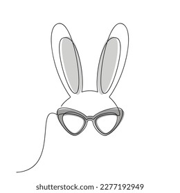 Vector funny rabbit in trendy sunglasses. One line continuous drawing illustration. Hand drawn bunny hare linear icon. Outline print, banner, card,poster, brochure, logo, product packaging.