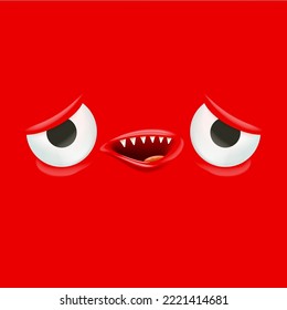 Vector de cara extraña de monstruo rojo con boca abierta con colmillos y ojos aislados en el fondo rojo. Halloween mono y divertida plantilla de diseño de monstruo para afiches, banners y estampados