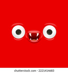 Vector funny red monster face with open mouth with fangs and eyes isolated on red background. Halloween cute and funky monster design template for poster, banner and tee print