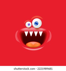 Vector funny red monster face with open mouth with fangs and eyes isolated on red background. Halloween cute and funky monster design template for poster, banner and tee print