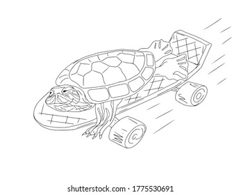 Vector divertido de tortuga de orejas rojas sobre una patineta amarilla con velocidad para una habitación para niños con humor