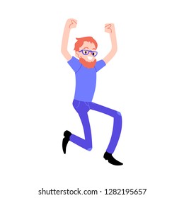 Vector funny redhead male character in denim jeans, glasses jumping raising hands up with happy facial expression. Young man and concept of success, achievement accomplishment. Isolated illustration