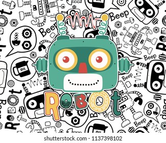 Vector of funny robot head cartoon on seamless pattern robots elements background