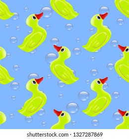 Vector Funny Rubber Yellow Duck Seamless Pattern on Blue Bubble Background for Fabric and Decor