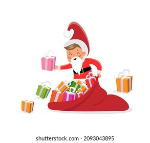 Vector funny santa claus character in red chritmas costume with present boxes bag. Cheerful winter holiday symbol smiling. Happy old man in fancy costume, xmas symbol.