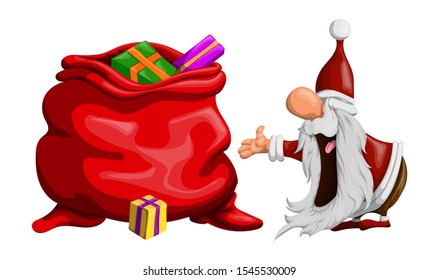 Vector funny Santa Claus shocked by a bag of gifts in cartoon style