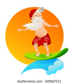 Vector funny Santa Claus surfer