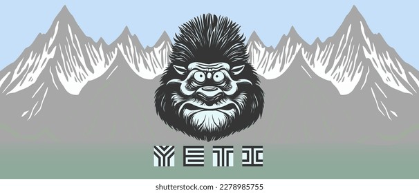 Vector funny scary hairy yeti head with big nose and bulging eyes. A strange portrait of a bigfoot against the backdrop of snow-capped mountains. Logo, sticker or icon.