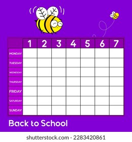 vector funny school timetable with days of a week and numbers and funny cartoon bee. illustration of back to school schedule blank template