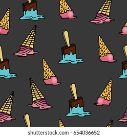 Vector funny seamless background with melted ice cream on dark. Summer color pattern, youth fashion trendy print. Clothing, postcards, design
