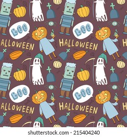 Vector funny seamless halloween pattern with pumpkins, monster and spooky