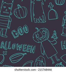 Vector funny seamless halloween pattern with pumpkins, monster and spooky