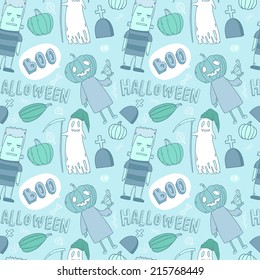 Vector funny seamless halloween pattern with pumpkins, monster and spooky