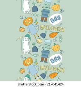 Vector funny seamless halloween pattern border with pumpkins, monster and spooky