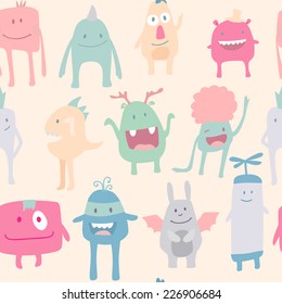 Vector funny seamless pattern with cute monsters