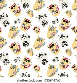 Vector funny seamless pattern with hipster, hero cats. Colored kids pattern for textile, paper, book, game, cards, banner, web design.