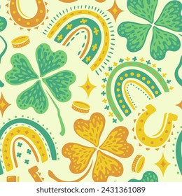 Vector funny seamless pattern for Patrick's day with lucky clover, money, horseshoe and rainbow. 