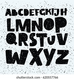 Vector Funny Set Of Cartoon Grunge Capital Uppercase Hand Drawn Comics Style Typeface In Black Color With Texture. For Your Lettering Composition And Prints