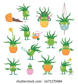 Vector funny set with a living plant monster in different poses