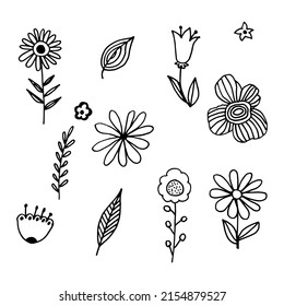 Vector funny set of wildflowers doodles on background.