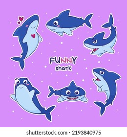 Vector funny shark stickers, flat cute sea animals. Collection of cartoon mammals. For printing, stickers, development and education of children.