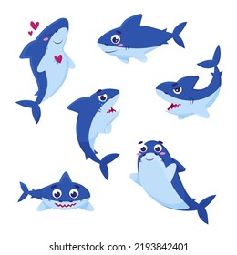 Vector funny sharks. Isolated flat cute sea animals. Collection of cartoon mammals. For printing, stickers, development and education of children.