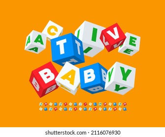 Vector Funny Sign Active Baby. Toy Blocks Alphabet Letters And Numbers Set. Colorful 3D Font