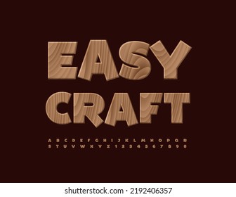 Vektor lustiges Zeichen Easy Craft mit hölzerner Schrift. Baumdiagrammsatz mit Alphabet-Buchstaben und -Zahlen