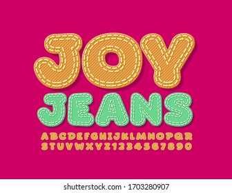 Señal vectorial divertida Jeans con Denim Font. Letras y números de alfabeto lúdico a la moda