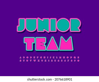 Señal de vectores divertida Junior Team. Letra infantil brillante. Conjunto de estilos de etiquetas y números de alfabeto