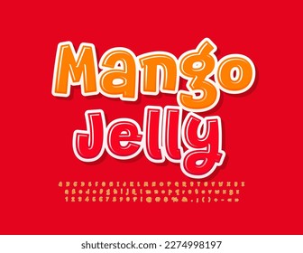 Señal vectorial divertida Mango Jelly con letra brillante juguetona. Conjunto de letras, números y símbolos de alfabeto artístico rojo