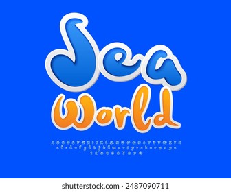 Vector funny sign Sea World. Blue handwritten Font. Playful Alphabet Letters and Numbers set. 