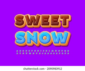Señal divertida vectorial Señal Nieve dulce. Tipo único de letra de salida. Letras y números de los alfabetos Donut azul acristalados. 