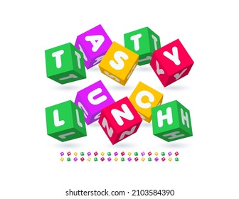 Vector funny sign Tasty Lunch. 3D colorful Font. Cubic Blocks Alphabet Letters and Numbers set