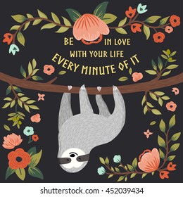 Vector funny sloth on tree. Cute baby sloth, flowers, branch. Adorable cartoon animal illustration for invitation, greeting card, brochure, poster, background, book cover, and more