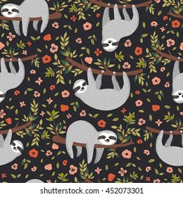 Vector funny sloth on tree. Seamless pattern with cute baby sloth, flowers, branch. Adorable animal background
