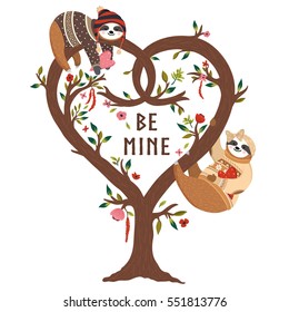 Vector funny sloths on the heart shaped tree. Cute sloths, flowers set. Valentines day happy couple sloths hanging on the love tree. Be mine design for greeting card, poster, banner, background