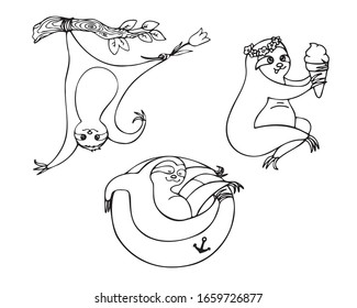 vector funny sloths on a white background. coloring