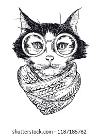 Vector Funny smart intelligent cat in glasses closeup. Portrait cool hipster cat in a winter scarf. Colored book vector illustration