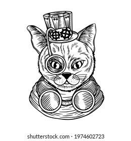 Vector Funny smart intelligent cat in glasses closeup. Portrait cool hipster cat in a winter scarf. Colored book vector illustration