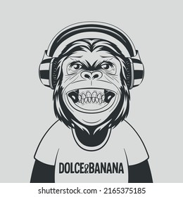 Vector Funny Smiling Black and White Monochrome Chimpanzee Ape with Headphones. Happy Monkey for Wall Art, T-shirt Print, Poster. Cartoon Cute Chimp Monkey