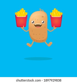 vector funny smiling cartoon potato holding french fries box isolated on blue background. vegetable funky hipster potato character