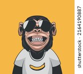 Vector Funny Smiling Chimpanzee Ape with Sunglasses and Banana on His T-shirt on Yellow Background. Happy Monkey for Wall Art, T-shirt Print, Poster. Cartoon Cute Chimp Monkey