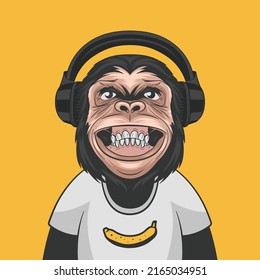 Vector Funny Smiling Chimpanzee Ape with Headphones and Banana on His T-shirt on Yellow Background. Happy Monkey for Wall Art, T-shirt Print, Poster. Cartoon Cute Chimp Monkey