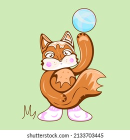 Vector funny smiling fox playing with a blue stripy ball on spring or summer day. Fox sportsman, football player dressed in pink socks and throwing a ball.  